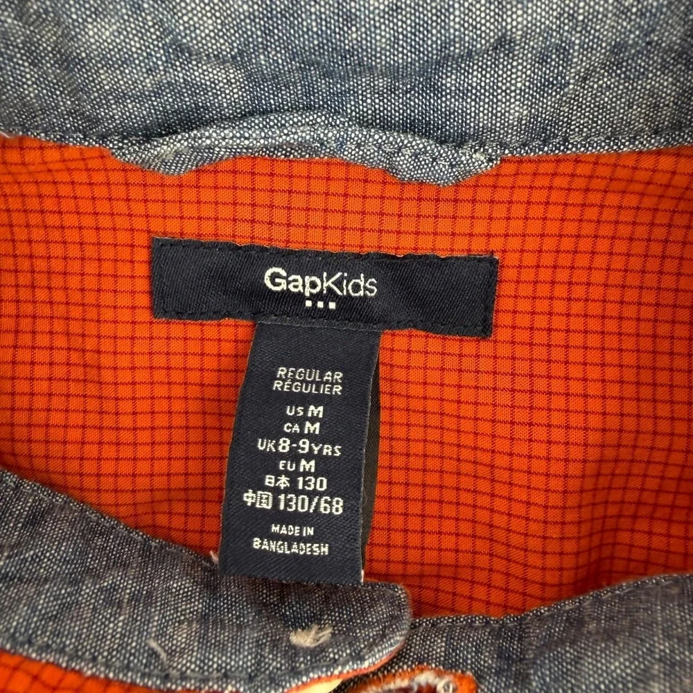Gap Kids Cotton Button Front Shirt Boys Size M 8 9 Orange Check Roll Tab Sleeve